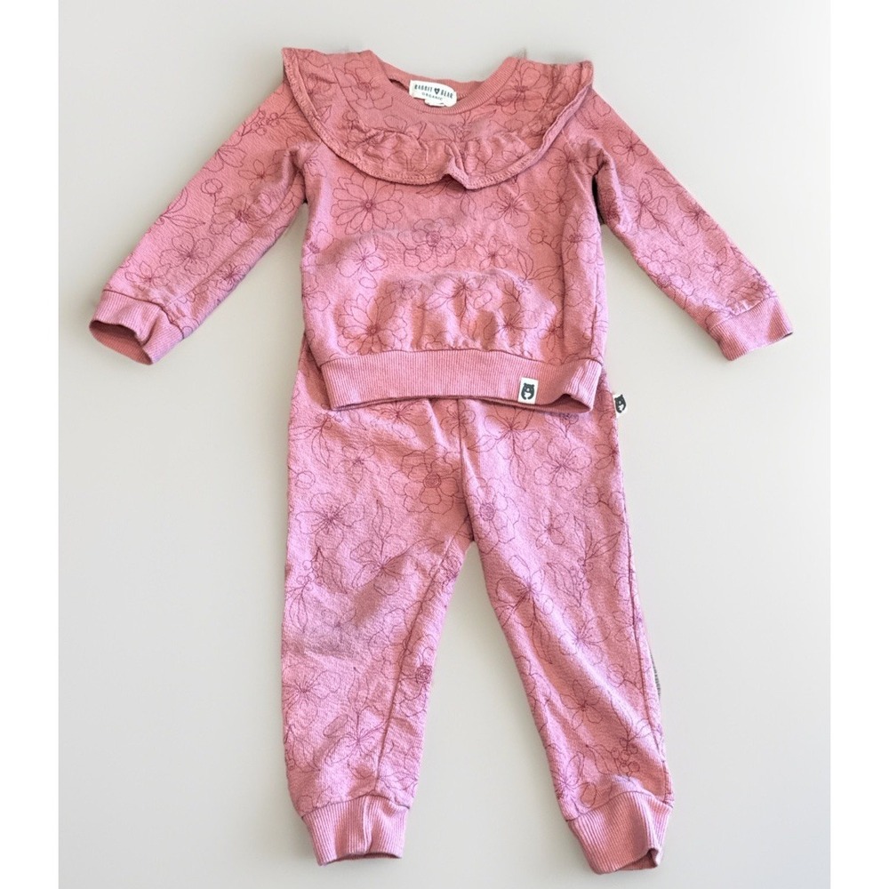 Rabbit + Bear Organic 2Pc, 18 Months, Pink Floral, Sweatshirt/pants, Ruffle, EUC